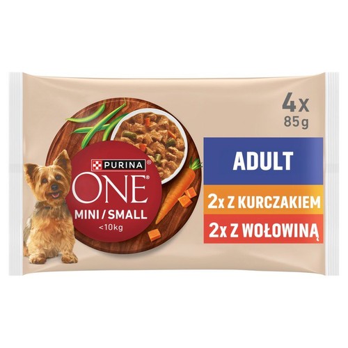 Mokra karma Purina ONE Adult Mini/Small dla psów 10kg. Multipak 4x 85g: 2x kurczak, 2x wołowina.