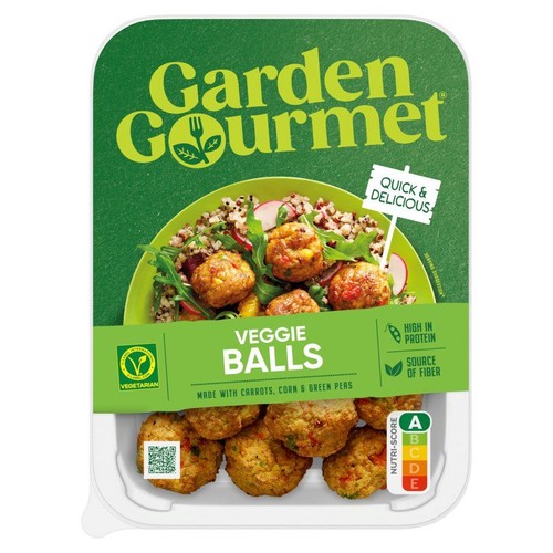Opakowanie produktu: Klopsiki warzywne Garden Gourmet 200g. Zielone opakowanie z grafiką klopsików z marchewką, kukurydzą i groszkiem.