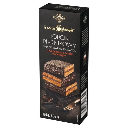 Opakowanie Kopernik Toruń Torcik Piernikowy 180g. Ciastka piernikowe w czekoladzie z nadzieniem owocowym. Grafika przedstawia trzy ciastka.