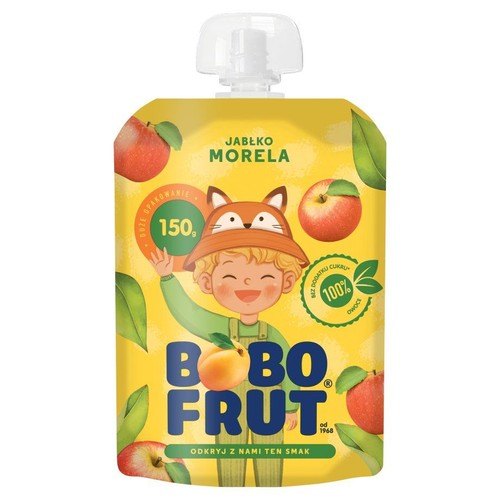 Saszetka Bobo Frut Jabłko Morela 150g. Produkt dla dzieci, bez dodatku cukru, 100% owoców. Na opakowaniu uśmiechnięty chłopiec.