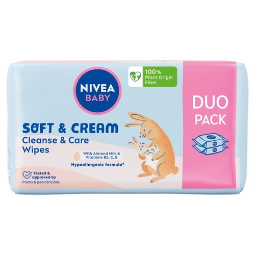 NIVEA BABY Soft & Cream chusteczki do oczyszczania i pielęgnacji. Opakowanie podwójne. Hipoalergiczne, testowane przez mamy i pediatrów.