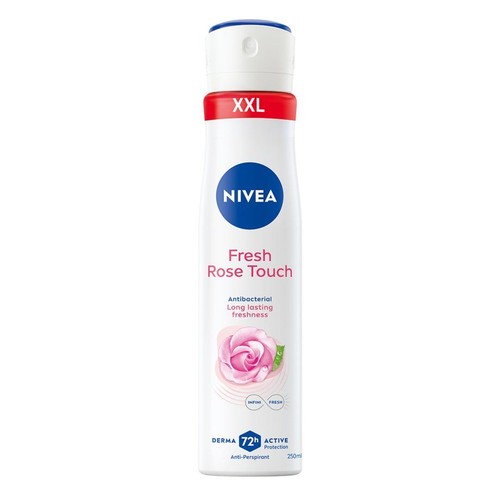 Opakowanie antyperspirantu Nivea Fresh Rose Touch, 250ml. Biała butelka sprayu z napisem XXL i różową różą na etykiecie.