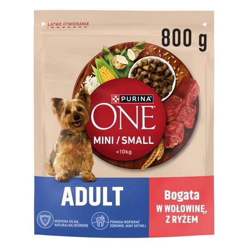 Beżowo-niebieskie opakowanie karmy Purina ONE Mini/Small Adult 800g dla psów małych ras. Łatwe otwieranie.