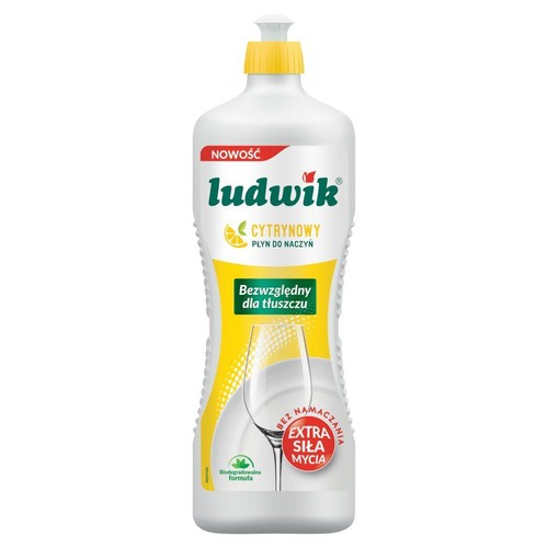 Biała butelka płynu do naczyń Ludwik Cytrynowy. Produkt z nową, biodegradowalną formułą, skuteczny przeciw tłuszczowi.