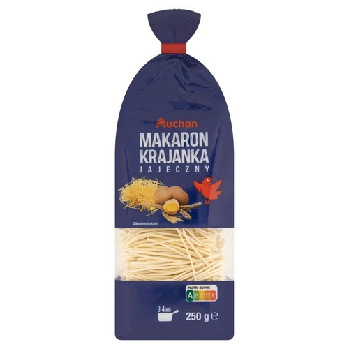 Makaron jajeczny Krajanka marki Auchan, 250 g. Opakowanie z grafiką jajek, pszenicy i ptaka.