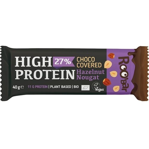 Wegański baton proteinowy Roobar o smaku orzechowo-nugatowym, 40g. Zawiera 11g białka, jest roślinny i ekologiczny. Opakowanie w kolorach czarnym i fioletowym z widocznymi orzechami laskowymi i polewą czekoladową.