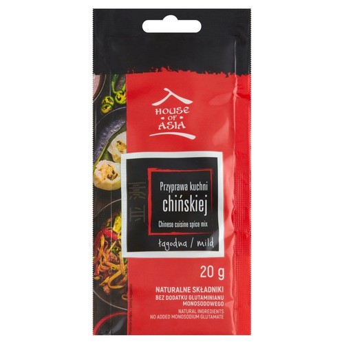 Czerwono-czarna torebka przyprawy House of Asia do kuchni chińskiej, wariant łagodny, 20g. Na opakowaniu grafika potraw azjatyckich. Produkt zawiera naturalne składniki, bez dodatku glutaminianu monosodowego.