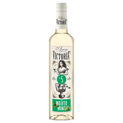 Syrop Victoria's Mojito Mint, butelka z etykietą przedstawiającą kobietę i mężczyznę. Wystarcza na 10 koktajli.