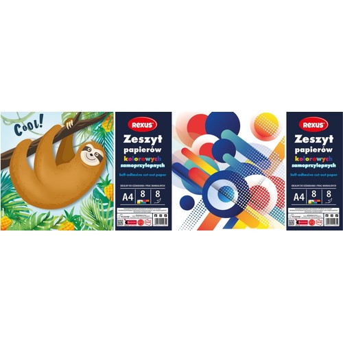 Produkt Rexus: zeszyt papierów kolorowych samoprzylepnych A4. Na zdjęciu dwie okładki. Jedna z leniwcem na gałęzi, tropikalnymi liśćmi i napisem 'Cool!'. Druga z abstrakcyjnym wzorem z kolorowych kół, linii i kropek. Format A4, 8 8.