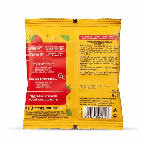 Tylna strona żółtego opakowania Crispy Natural, suszone plastry jabłek truskawkowych, 18g. Produkt bezglutenowy, wegański, bez dodatku cukru. Wartość energetyczna 1549 kJ/366 kcal na 100g. Polska firma rodzinna. Pakowano w atmosferze ochronnej.
