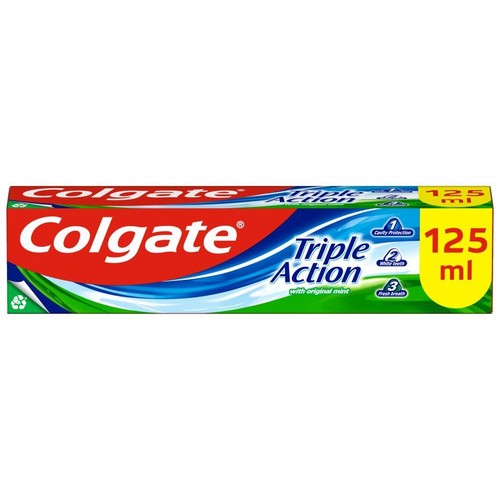 Opakowanie pasty do zębów Colgate Triple Action, 125 ml. Zapewnia ochronę przed próchnicą i świeży oddech.