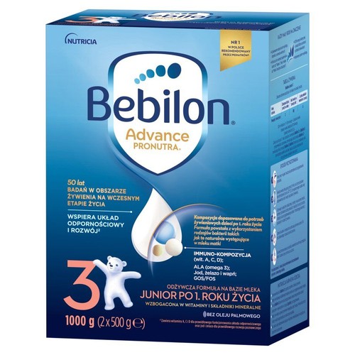 Mleko modyfikowane Bebilon Advance Pronutra Junior 3, 1000g. Dla dzieci powyżej 1. roku życia. Bez oleju palmowego.