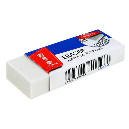 Biała, prostokątna gumka do ścierania marki Memo Be Original. Produkt jest częściowo owinięty niebiesko-białą tekturową opaską z napisem "ERASER GUMKA DO ŚCIERANIA" i "SMUDGE-FREE", co oznacza bez smug. Widoczny kod kreskowy.