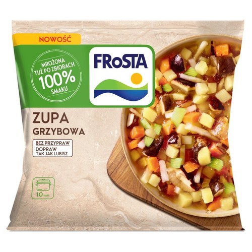 Opakowanie Frosta Zupa Grzybowa, mrożona, 100% smaku. Na grafice miska zupy z kawałkami warzyw i grzybów.