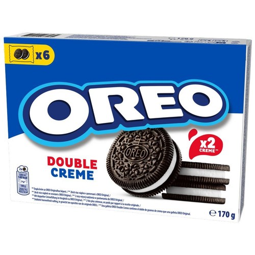 Opakowanie ciastek Oreo Double Creme, 170 g. Widoczne 6 porcji. Na pudełku grafika ciastek z podwójnym kremem.