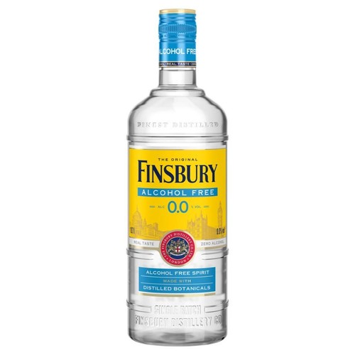 Butelka bezalkoholowego napoju spirytusowego Finsbury, 0.0% alkoholu, 700 ml. Żółta etykieta z napisem "The Original Finsbury Alcohol Free".