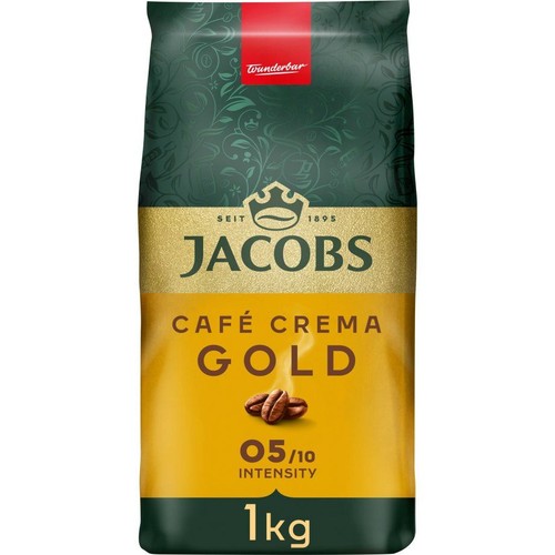 Kawa ziarnista Jacobs Café Crema Gold, 1 kg. Opakowanie w kolorach zieleni i złota, z czerwoną etykietą "Wunderbar".