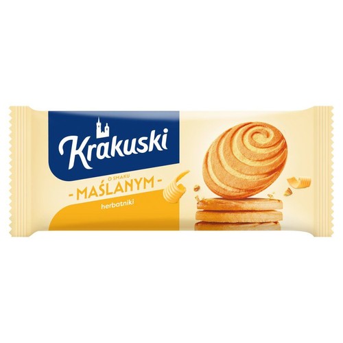 Opakowanie herbatników Krakuski o smaku maślanym. Na etykiecie grafika okrągłych, spiralnych ciastek i wiórków masła.