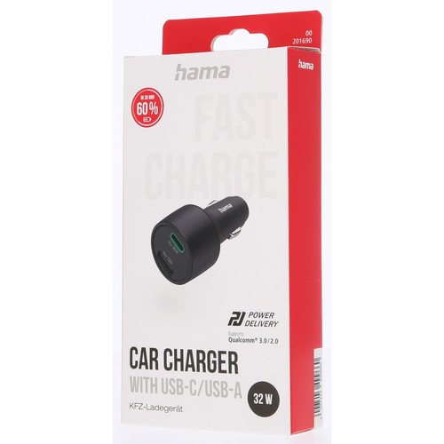 Opakowanie ładowarki samochodowej Hama 32W. Posiada porty USB-C i USB-A, wspiera Qualcomm 3.0/2.0.