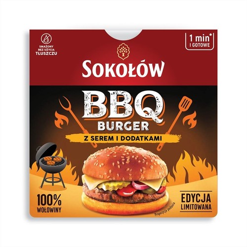 Kartonowe opakowanie Sokołów BBQ Burger z serem i dodatkami, 150g. Na nim grafika burgera z grilla. Gotowy w 1 minutę.