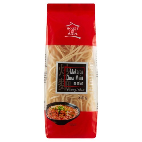 Czerwono-przezroczyste opakowanie makaronu Chow Mein pszennego House of Asia, 250 g. Na etykiecie nazwa i zdjęcie gotowego dania.