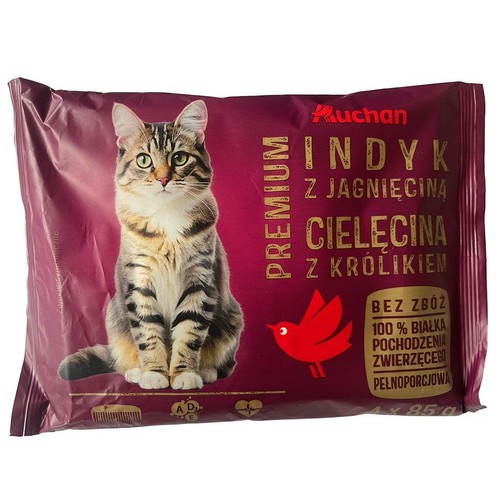 Karma dla kota Auchan Premium, indyk z jagnięciną, cielęcina z królikiem. Bez zbóż, 100% białka zwierzęcego. Opakowanie 4x85g.