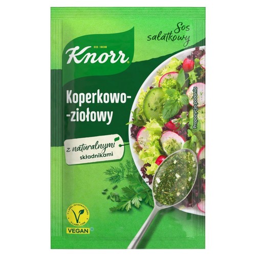 Knorr Sos sałatkowy Koperkowo-ziołowy. Z naturalnymi składnikami, wegański. Na opakowaniu grafika sałatki.
