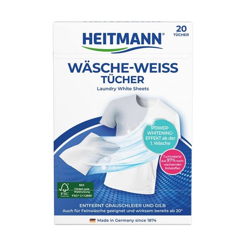 Opakowanie chusteczek wybielających Heitmann do prania, 20 sztuk. Skuteczne od 20°C, usuwają szarość.