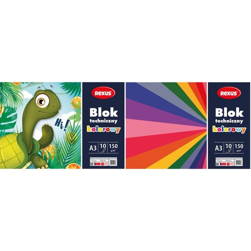 Produkt to blok techniczny kolorowy Rexus A3. Składa się z 10 arkuszy papieru o gramaturze 150 g/m². Na okładce widnieje rysunek zielonego żółwia z napisem "Cześć!", otoczonego liśćmi palm i owocami. W środku znajdują się kartki w kolorach tęczy.