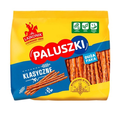 Opakowanie paluszków Lajkonik Klasyczne, duża paka. Z olejem rzepakowym, bez wzmacniaczy smaku.