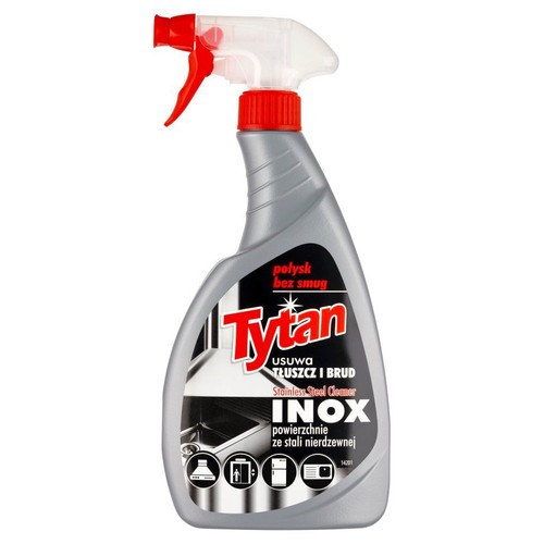 Szara butelka Tytan Stainless Steel Cleaner z czerwonym spryskiwaczem. Produkt do powierzchni ze stali nierdzewnej, usuwa tłuszcz i brud.