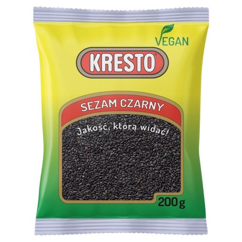 Żółto-zielone opakowanie czarnego sezamu marki Kresto, 200g. Na froncie widoczne czarne nasiona sezamu przez przezroczyste okienko. Produkt oznaczony jako wegański, z hasłem "Jakość, którą widać!".