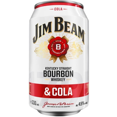 Biała puszka Jim Beam & Cola, gotowy drink z bourbonem i colą.