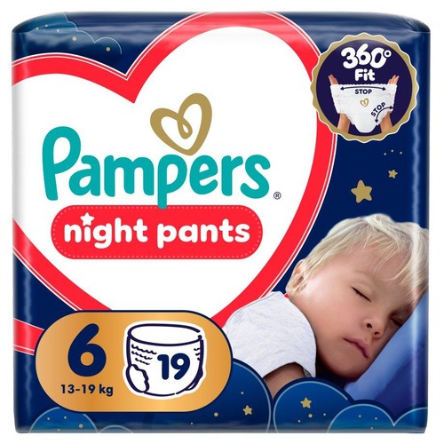 Pampers Night Pants, rozmiar 6 (13-19 kg), 19 sztuk. Opakowanie z grafiką śpiącego dziecka i gwiazdek.