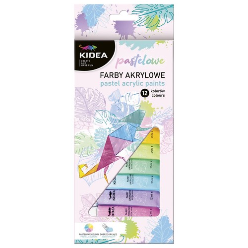Zestaw 12 pastelowych farb akrylowych Kidea, każda tuba po 12 ml. Opakowanie z motywem liści.