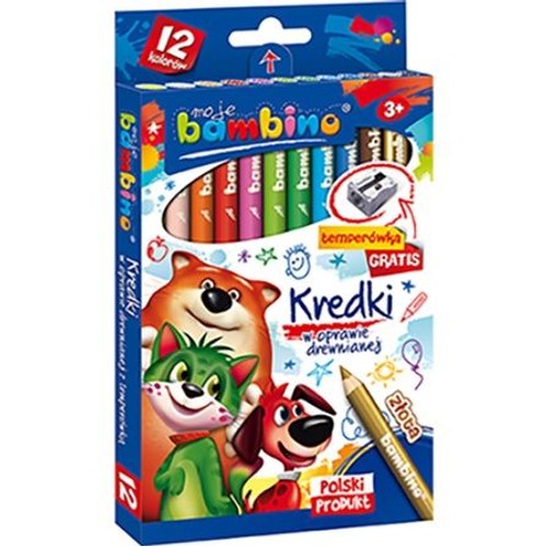 Opakowanie kredek Bambino w 12 kolorach, w tym złota kredka. W zestawie darmowa temperówka. Na pudełku wesołe postacie lisa, kota i psa. Produkt przeznaczony dla dzieci od 3 lat. Polski produkt.