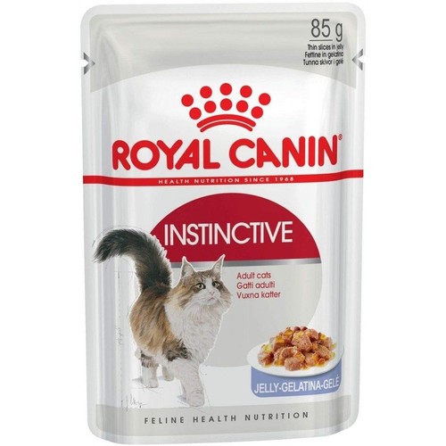 Saszetka Royal Canin Instinctive dla dorosłych kotów, 85g. Karma w galaretce z cienkimi kawałkami. Na opakowaniu grafika kota i miski z jedzeniem.