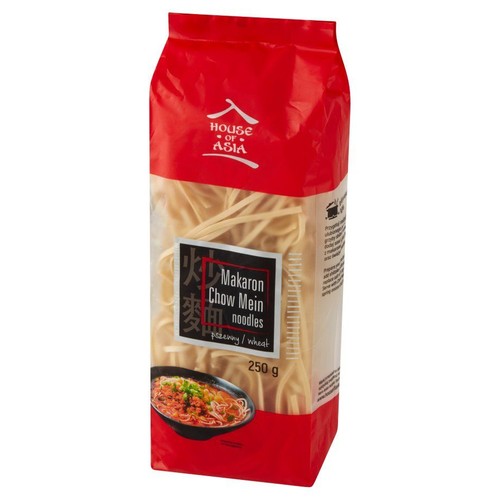 Makaron Chow Mein pszenny House of Asia w czerwonej torebce, 250 g. Na opakowaniu grafika miski z gotowym daniem.