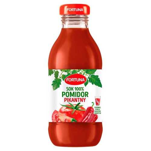 Produkt: Sok Fortuna 100% Pomidor Pikantny. Butelka z czerwoną zakrętką. Etykieta przedstawia zielone liście, całe i pokrojone pomidory oraz papryczkę chili. Obok grafika szklanki z informacją o 1/5 dziennej porcji owoców i warzyw.