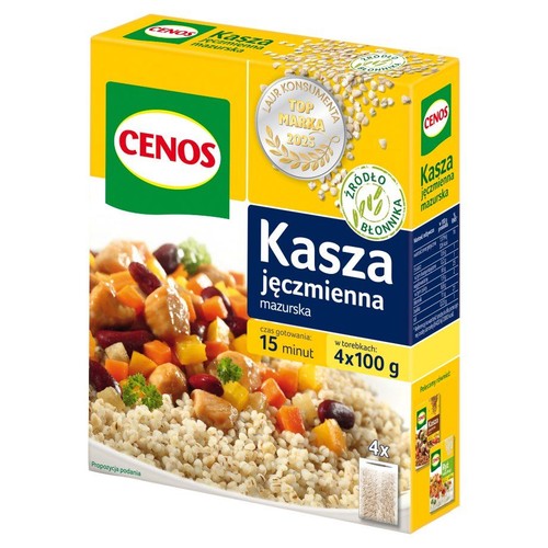 Opakowanie kaszy jęczmiennej mazurskiej Cenos, 4x100 g. Na pudełku grafika dania z kaszą, warzywami i mięsem. Czas gotowania 15 minut.
