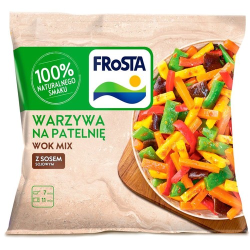 Mrożone warzywa na patelnię Frosta Wok Mix z sosem sojowym. Na opakowaniu zdjęcie gotowych warzyw. Czas przygotowania 7-11 min.