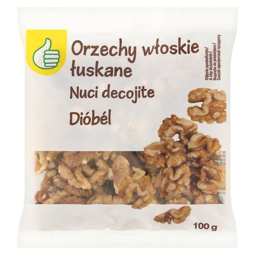 Przezroczysta torebka z łuskanymi orzechami włoskimi, 100 g. Na górze żółte logo z kciukiem w górę.