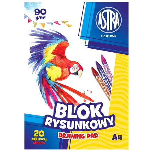 Blok rysunkowy ASTRA A4, 90 g/m², 20 arkuszy, z kolorową papugą i kredkami.