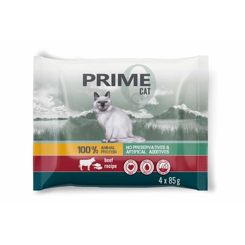 Karma mokra dla kotów bogata w wołowinę z wątróbką i pstrąga z łososiem PRIME 4 x 85 g