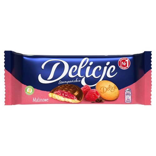 Biszkopty z galaretką o smaku malinowym oblane czekoladą  Delicje 147 g