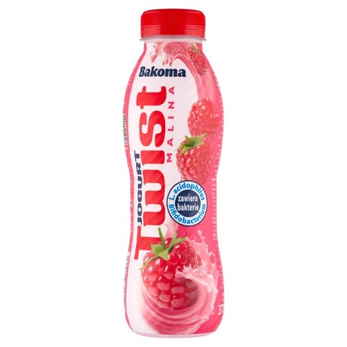 Opakowanie jogurtu Bakoma Twist Malina. Czerwona nakrętka, etykieta z grafiką malin i napisem "JOGURT".