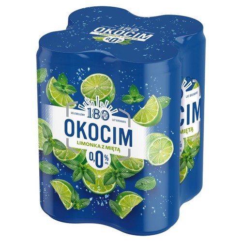 Zestaw czterech niebieskich puszek napoju Okocim Limonka z Miętą 0.0%. Etykieta ozdobiona jest dynamiczną grafiką z limonkami, miętą i bąbelkami, podkreślającą orzeźwiający charakter. Informacja o 180 latach browaru.