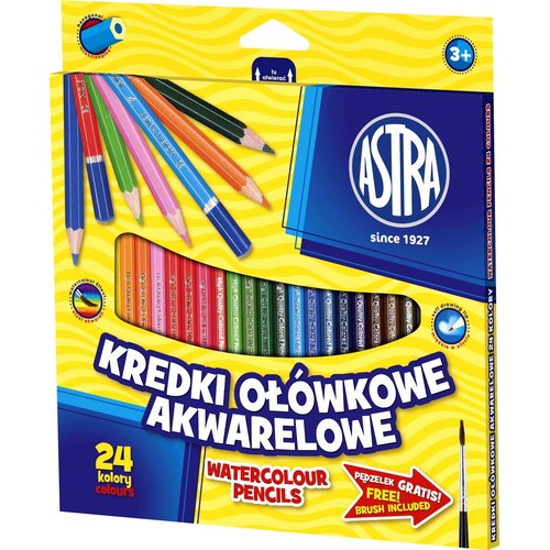 ASTRA kredki akwarelowe, 24 kolory, z pędzelkiem. Opakowanie żółto-niebieskie.