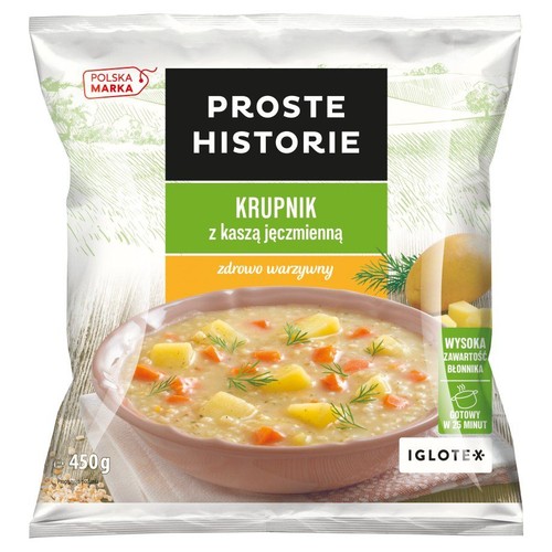 Opakowanie mrożonego krupniku Proste Historie z kaszą jęczmienną, 450g. Na opakowaniu miska z zupą, ziemniaki i marchew.