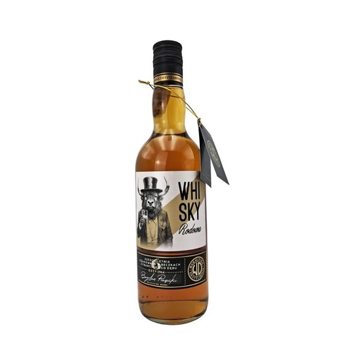 Butelka whisky Rodowa z etykietą przedstawiającą byka w cylindrze i garniturze. Na etykiecie napis "WHISKY Rodowa" i "40%".